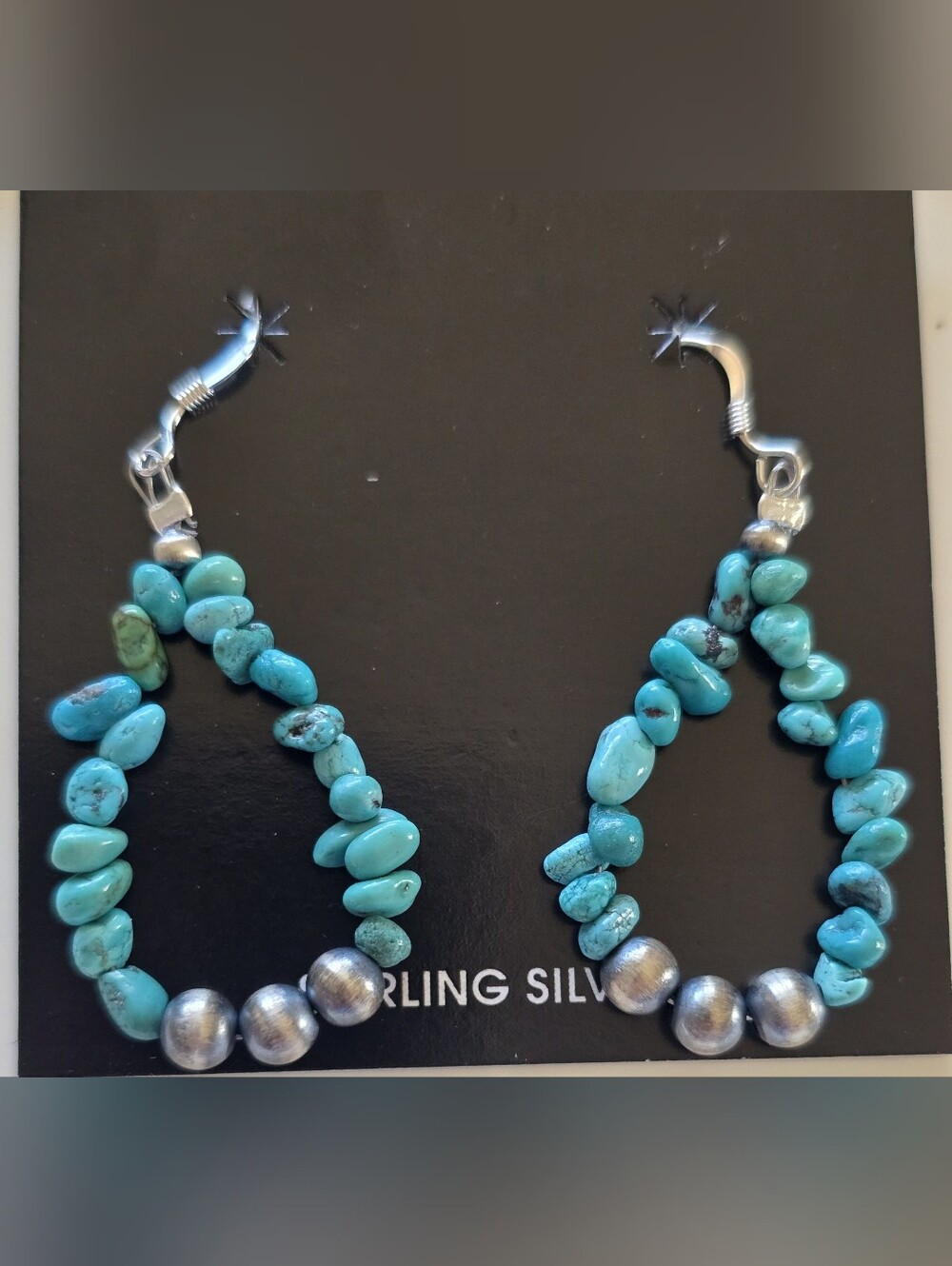 Kingman Turquoise Beaded Sterling Silver Earrings With Desert Pearls,Southwesten